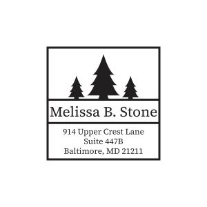 A close-up of a square address stamp design showcasing three silhouette pine trees of varying heights above clean, personalized text fields.