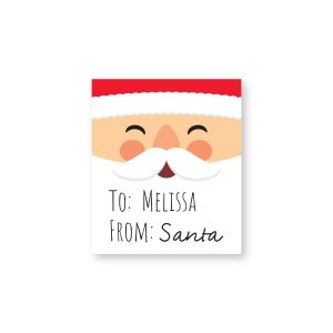 Close-up view of a personalized Santa Sheeted Gift Tag label featuring a cute Santa face with custom 