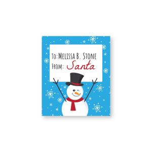 Rectangle Christmas gift tag label with a blue snowflake border and a smiling snowman below custom text reading 