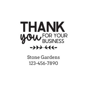 Custom square self-inking stamp impression reading Thank You For Your Business with arrow embellishments and two lines of custom business text.