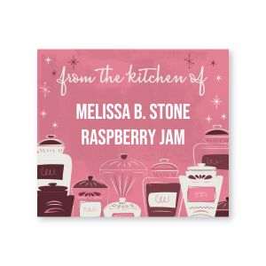 Personalized pink canning label featuring retro starbursts, vintage kitchenware illustrations, and two customizable text lines.