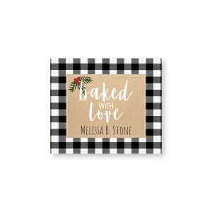 Rectangular goodie label with black buffalo plaid border, faux kraft center, script reading 