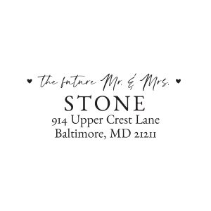 Stamped address sample reading The future Mr. & Mrs. with tiny hearts above a bold surname and three personalized address lines.