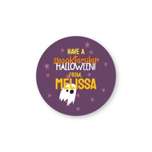Round purple Halloween label with stars, a friendly ghost, and text reading 