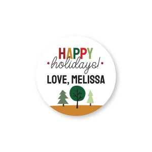 Round gift tag label with colorful text reading 