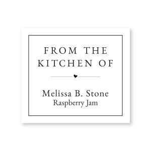 Square white farmhouse canning label featuring From The Kitchen Of text, a small heart icon, and sample personalized name and jam details.