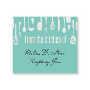 Personalized mint green canning label featuring retro kitchen utensils along the top border, from the kitchen of header, and custom text.