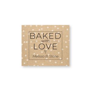 Faux kraft rectangular goodie label with white polka dots featuring Baked With Love text, a small heart, and custom name line.