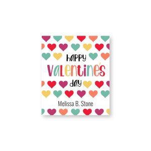 Rectangular personalized label adorned with colorful hearts, reading 