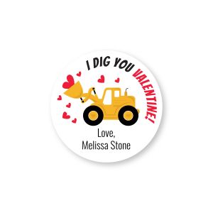 Round personalized Valentine label featuring a yellow bulldozer graphic surrounded by red hearts with text reading 