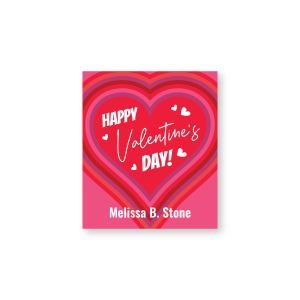 Rectangle personalized gift tag label featuring nested red and pink hearts, reading 