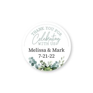 Round eucalyptus wedding label featuring watercolor greenery, 'Thank You For Celebrating With Us' text, and custom couple names and date.