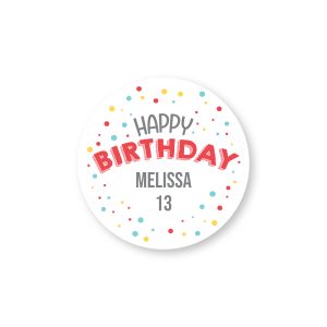 Round personalized birthday label with colorful confetti sprinkles reading 