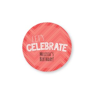 Round personalized label featuring a red abstract chevron pattern behind white text reading 