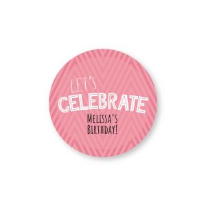 Round personalized label featuring a pink abstract chevron pattern behind white text reading 