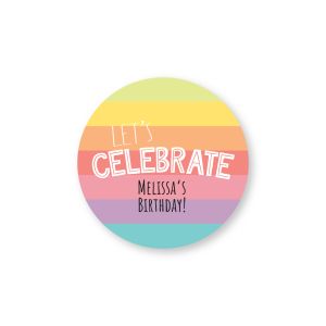 Round gift tag label featuring colorful rainbow stripes, white text reading 