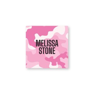 Square water-resistant name label featuring a pink camouflage pattern printed with custom text reading 