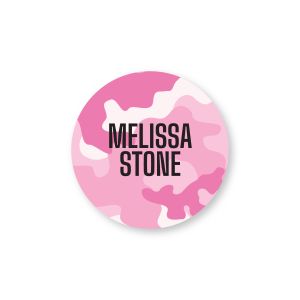 Round water-resistant name label featuring a pink camouflage pattern printed with custom text reading 