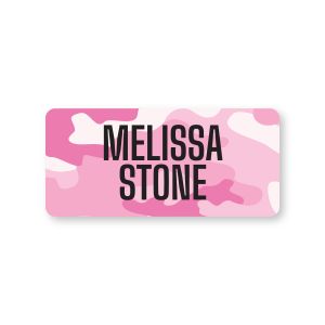 Small rectangular water-resistant name label featuring a pink camouflage pattern printed with custom text reading 