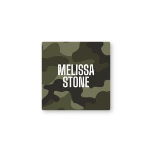 Square water-resistant name label featuring a green camouflage pattern printed with custom text reading 