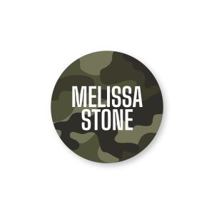 Round water-resistant name label featuring a green camouflage pattern printed with custom text reading 