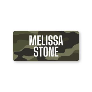 Small rectangular water-resistant name label featuring a green camouflage pattern printed with custom text reading 