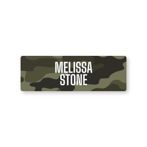Rectangular water-resistant name label featuring a green camouflage pattern printed with custom text reading 