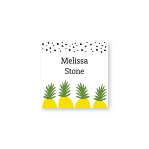 Square water-resistant name label featuring a row of tropical pineapples printed with custom text reading 