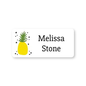 Small rectangular water-resistant name label featuring a yellow tropical pineapple illustration with black text reading 