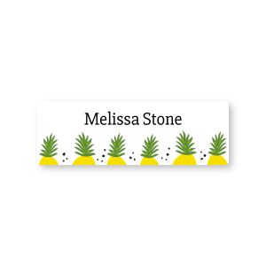 Rectangular water-resistant name label featuring a row of tropical pineapples printed with custom text reading 