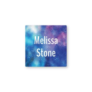 Square water-resistant name label featuring a blue and purple space galaxy background printed with custom text reading 