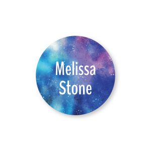 Round water-resistant name label featuring a blue and purple space galaxy background printed with custom text reading 