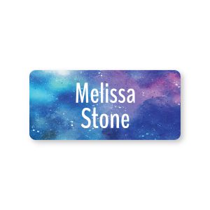 Small rectangular water-resistant name label featuring a cosmic blue and purple galaxy pattern with personalized white text.