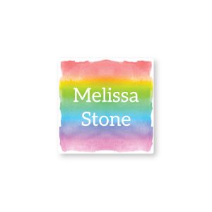 Square water-resistant name label with a colorful rainbow watercolor background printed with custom text reading 