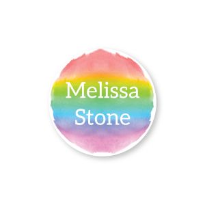 Round water-resistant name label with a colorful rainbow watercolor background printed with custom text reading 