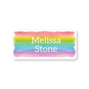 Small rectangular water-resistant name label with a watercolor rainbow background displaying 