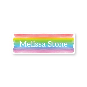 Rectangular water-resistant name label with a watercolor rainbow background displaying 