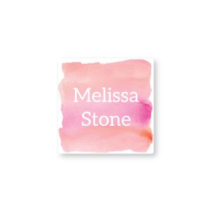 Square water-resistant name label with pink watercolor background design printed with white text reading 