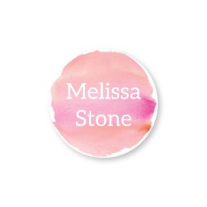 Round water-resistant name label featuring a pink watercolor background printed with custom white text reading 