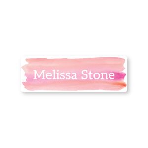 Single rectangular water-resistant name label featuring a soft pink watercolor design with custom white name text against a clean backdrop.