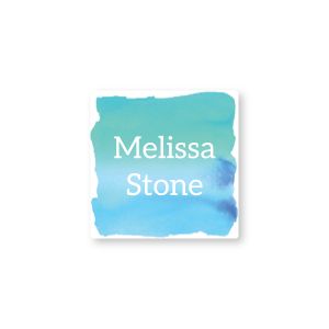 Square water-resistant name label featuring a blue watercolor background printed with custom white text reading 