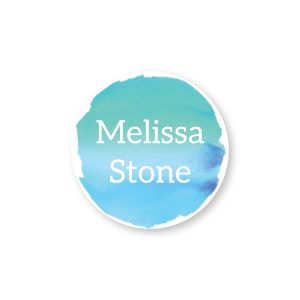 Round water-resistant name label featuring a blue watercolor background printed with custom white text reading 