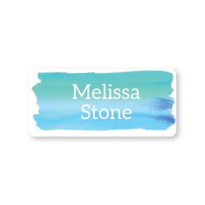 Small rectangular water-resistant name label featuring a blue watercolor background printed with custom white text reading 