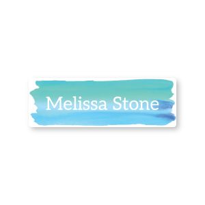 Personalized water-resistant name label featuring a bold blue watercolor brushstroke background with crisp white custom printed text.