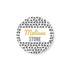 Personalized round water-resistant name label featuring a modern black and white X pattern border around customizable owner name lines.