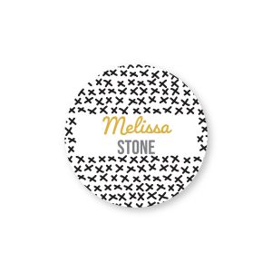 Personalized round water-resistant name label featuring a modern black and white X pattern border around customizable owner name lines.