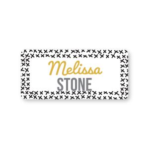 Small rectangular water-resistant name label featuring a black and white X pattern border printed with custom text reading 