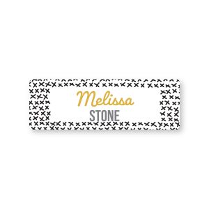 Personalized water-resistant name label featuring a black and white X pattern border framing custom owner name text lines in center.