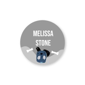 Round water-resistant name label featuring a cute blue puppy face illustration with bones, custom text reading 