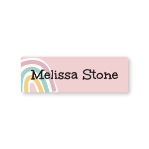 Personalized rectangle water-resistant name label featuring a pastel rainbow illustration on pink background with custom name text.